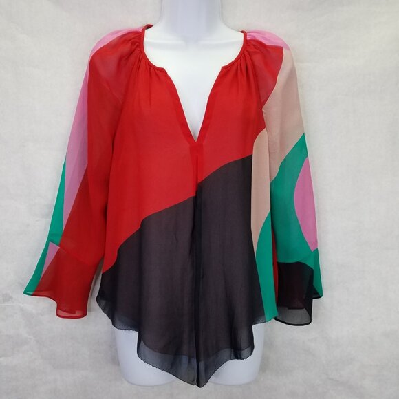 Joie Blouse Women's S Silk Top Bell Sleeve Sheer Chiffon Color Block Print Red - Picture 1 of 16